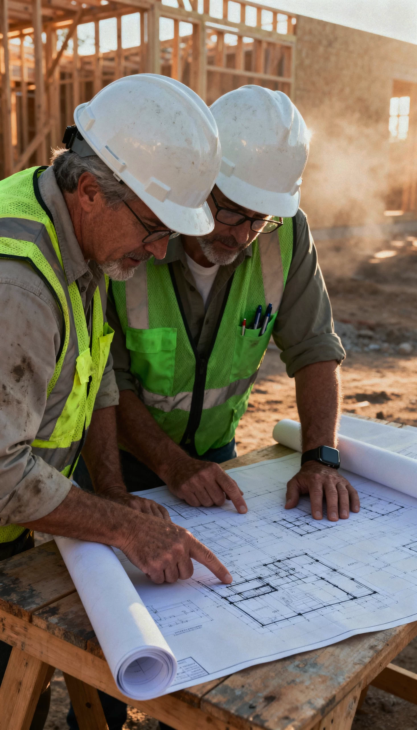 constructio workers review blueprints building site copy
