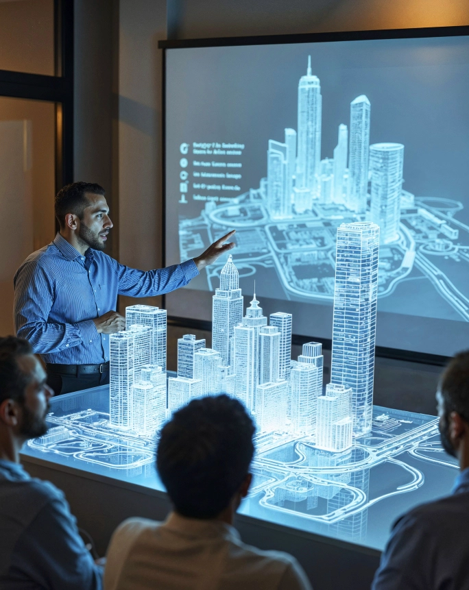 Man presenting 3D city model